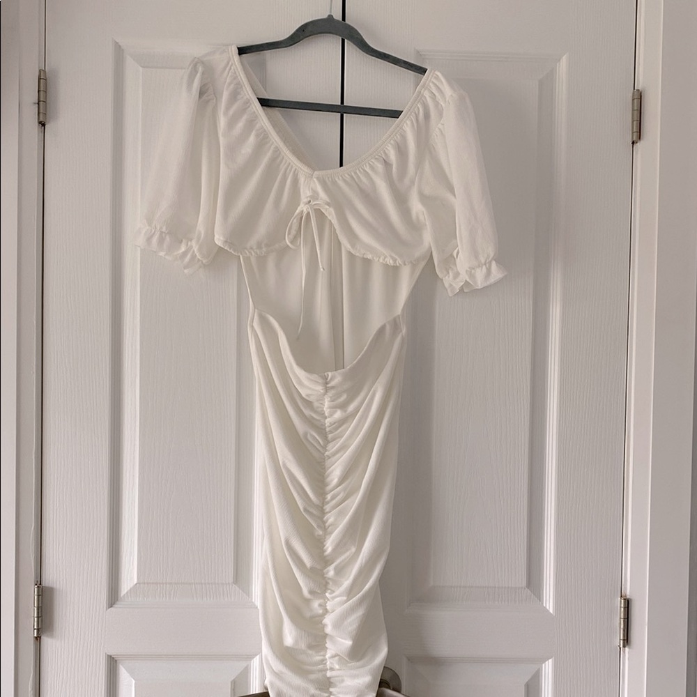 ASOS White Ruched Cutout Midi Dress Puff Sleeve Cottagecore NWT - Picture 2 of 10